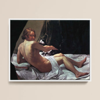 Young Naked Man on a Bed with Cat - Giovanni Lanfranco Art Print / Canvas, 16x12’’ / 41x31cm / White Frame, Posters Prints & Visual