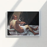 White-framed Reproduction Classical Nude Painting Man Cat Bed Giovanni Lanfranco Fine, Art Print, Playful Desire