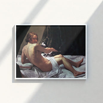 White-framed Reproduction Classical Nude Painting Man Cat Bed Giovanni Lanfranco Fine, Art Print, Playful Desire
