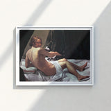 White-framed Artwork Nude Figure Bedding Black-and-white Dog Giovanni Lanfranco Fine, Art Print, Playful Desire