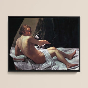 Young Naked Man on a Bed with Cat - Giovanni Lanfranco Art Print / Canvas Black-framed Reproduction Classical Painting Nude Male Figure