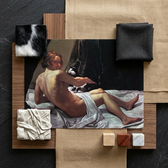 Young Naked Man on a Bed with Cat - Giovanni Lanfranco Art Print / Canvas Classical Oil Painting Nude Male Figure Draped Fabric Fine,