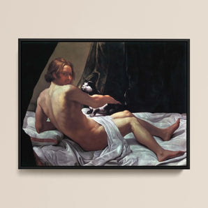 Young Naked Man on a Bed with Cat - Giovanni Lanfranco Framed Canvas