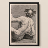 Young Naked Man with a Wreathed Head - J.d. Herz Art Print / Canvas Black-framed Artwork Detailed Monochrome Muscular Figure Laurel Wreath,