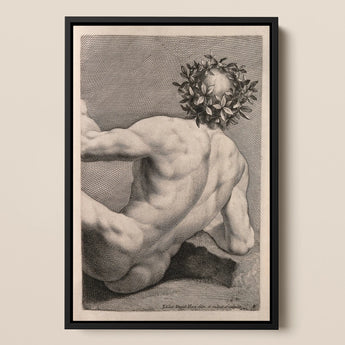 Young Naked Man with a Wreathed Head - J.d. Herz Art Print / Canvas Black-framed Artwork Detailed Monochrome Muscular Figure Laurel Wreath,