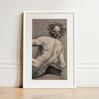 Young Naked Man with a Wreathed Head - J.d. Herz Art Print / Canvas Framed Black-and-white Muscular Figure Laurel Wreath Enclosed, Johann