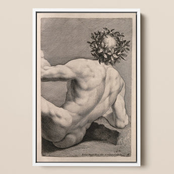 Young Naked Man with a Wreathed Head - J.d. Herz Art Print / Canvas Framed Black-and-white Muscular Figure Laurel Wreath, Johann David