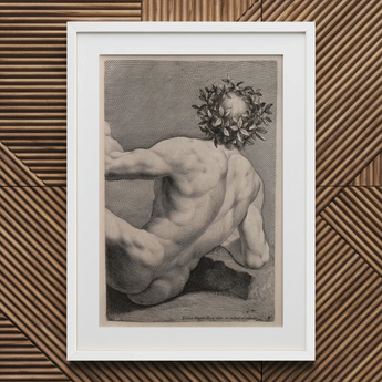Young Naked Man with a Wreathed Head - J.d. Herz Art Print / Canvas Framed Black-and-white Nude Male Figure Laurel Wreath, Johann David