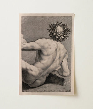 Monochromatic Print Muscular Figure Laurel Wreath Head Rendered Naked Man, Wreathed, Johann David Herz’s, Young, Declares, Circa-1732