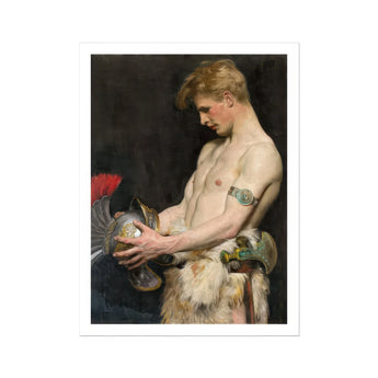 Germanic Warrior with Helmet - Osmar Schindler Art Print, Classical Oil Painting Figure Rooster Gamecock