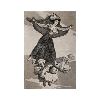 A Young Woman Flying in the Air with a Butterfly on Her Head - Francisco De Goya Art Print, Black White Woman Grotesque Figures