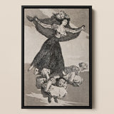 A Young Woman Flying in the Air with a Butterfly on Her Head - Francisco De Goya Art Print / Canvas Black-framed Artwork Woman Ornate Gown