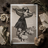 A Young Woman Flying in the Air with a Butterfly on Her Head - Francisco De Goya Art Print / Canvas Sepia-toned Lithograph Woman Elaborate