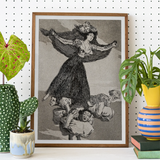 A Young Woman Flying in the Air with a Butterfly on Her Head - Francisco De Goya Art Print, Framed Black White Art Print Woman People