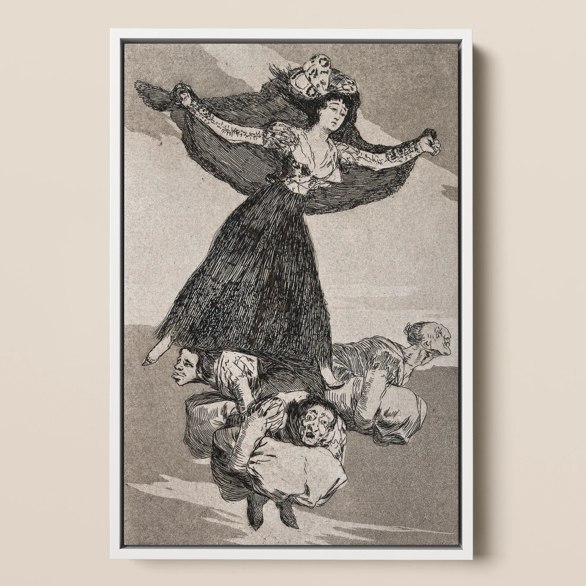 A Young Woman Flying in the Air with a Butterfly on Her Head - Francisco De Goya Framed Canvas, 12x18’’ / 31x46cm / White Floating Frame,