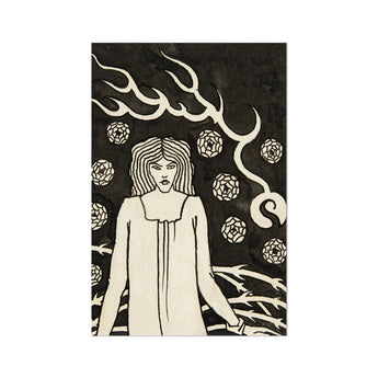 Young Woman Surrounded by Briars Lightning and Roses - Aubrey Vincent Beardsley Art Print, Black White Illustration Woman Long Hair