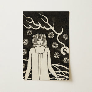 Young Woman Surrounded by Briars Lightning and Roses - Aubrey Vincent Beardsley Art Print / Canvas, 12x18’’ / 31x46cm / Unframed