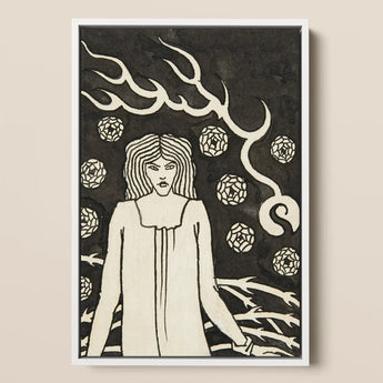 Young Woman Surrounded by Briars Lightning and Roses - Aubrey Vincent Beardsley Art Print / Canvas Black White Framed Artwork Stylized