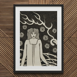 Young Woman Surrounded by Briars Lightning and Roses - Aubrey Vincent Beardsley Art Print / Canvas Framed Black White Art Print Woman