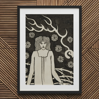 Young Woman Surrounded by Briars Lightning and Roses - Aubrey Vincent Beardsley Art Print / Canvas Framed Black White Art Print Woman