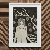 Young Woman Surrounded by Briars Lightning and Roses - Aubrey Vincent Beardsley Art Print / Canvas Framed Black White Art Print Woman Long
