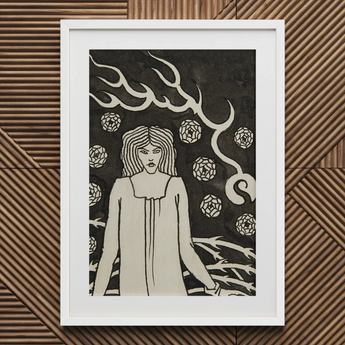 Young Woman Surrounded by Briars Lightning and Roses - Aubrey Vincent Beardsley Art Print / Canvas Framed Black White Art Print Woman Long