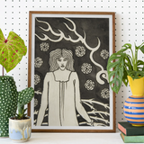 Young Woman Surrounded by Briars Lightning and Roses - Aubrey Vincent Beardsley Art Print, Framed Black White Art Print Woman Hair