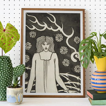 Young Woman Surrounded by Briars Lightning and Roses - Aubrey Vincent Beardsley Art Print, Framed Black White Art Print Woman Hair