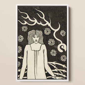 Young Woman Surrounded by Briars Lightning and Roses - Aubrey Vincent Beardsley Framed Canvas, 12x18’’ / 31x46cm / White Floating Frame,