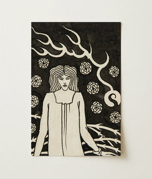 Black White Illustrated Art Print Stylized Woman Hair Aubrey Vincent Beardsley, Young Woman’s Profile Wavers, Obsessive Hand Line