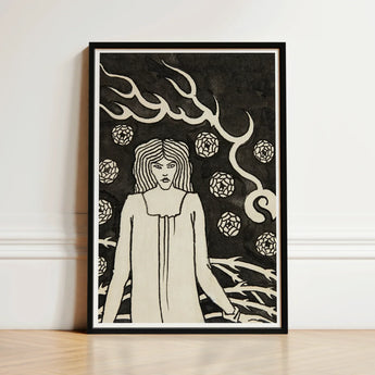 Young Woman Surrounded by Briars Lightning and Roses - Aubrey Vincent Beardsley Art Print / Canvas Black-framed Artwork Stylized White
