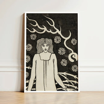 Young Woman Surrounded by Briars Lightning and Roses - Aubrey Vincent Beardsley Art Print / Canvas Black White Framed Artwork Stylized