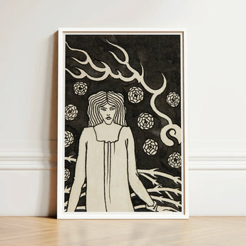 Young Woman Surrounded by Briars Lightning and Roses - Aubrey Vincent Beardsley Art Print / Canvas Framed Black-and-white Illustration Hair