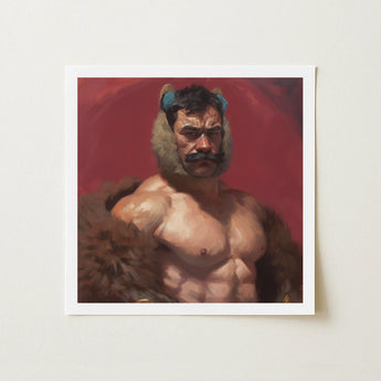 Zaddy Bear - Gay Muscle Daddy Art Print / Canvas Square-framed Painting Muscular Man Dark Hair Prominent Mustache, Prints