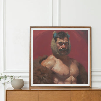 Zaddy Bear - Gay Muscle Daddy Art Print, Framed Portrait Painting Muscular Shirtless Man Beard Red