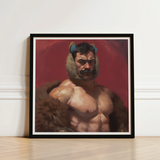Framed Painting Muscular Man Mustache Bear-like Fur Hood Muscle Daddy Art, Bear, Zaddy