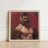 Framed Portrait Muscular Man Bear-like Fur Blue Ears Muscle Daddy Art, Bear, Zaddy