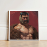 Framed Painting Muscular Man Dark Hair Prominent Mustache Muscle Daddy Art, Bear, Zaddy