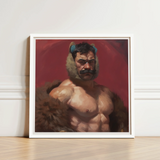 Framed Painting Muscular Man Mustache Bear-like Fur Hood Muscle Daddy Art, Bear, Zaddy