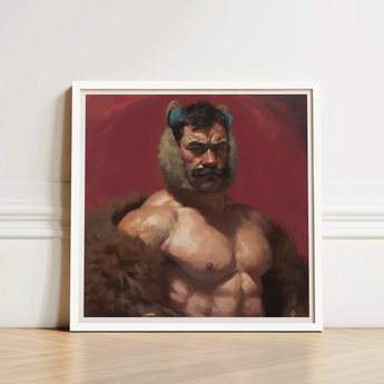 Framed Painting Muscular Man Mustache Bear-like Fur Hood Muscle Daddy Art, Bear, Zaddy