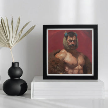 Zaddy Bear - Gay Muscle Daddy Art Print / Canvas Black-framed Portrait Muscular Man Fur Blue Horns Red Muscle Daddy Art, Bear Daddy, Zaddy
