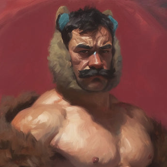 Zaddy Bear - Gay Muscle Daddy Art Print / Canvas Fur-trimmed Hooded Jacket Blue Ear Flaps Brown Fur Muscle Daddy Art, Bear Daddy, Zaddy