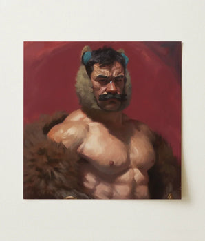 Square Canvas Painting Muscular Man Dark Hair Prominent Muscle Daddy Art, Bear, Zaddy