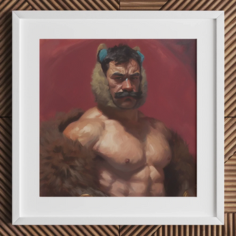 Zaddy Bear - Gay Muscle Daddy Art Print / Canvas White Framed Painting Muscular Man Fur Collar Horns Muscle Daddy Art, Bear Daddy, Zaddy