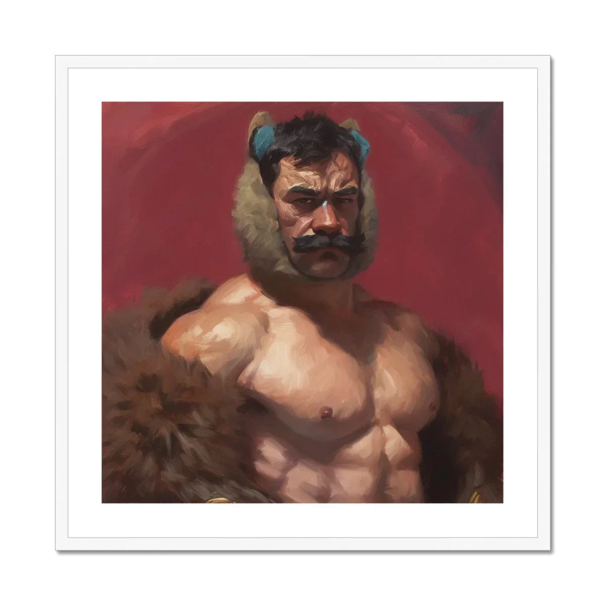 Zaddy Bear - Gay Muscle Daddy Art Print, Digital Painting Muscular Shirtless Figure Horns Mustache