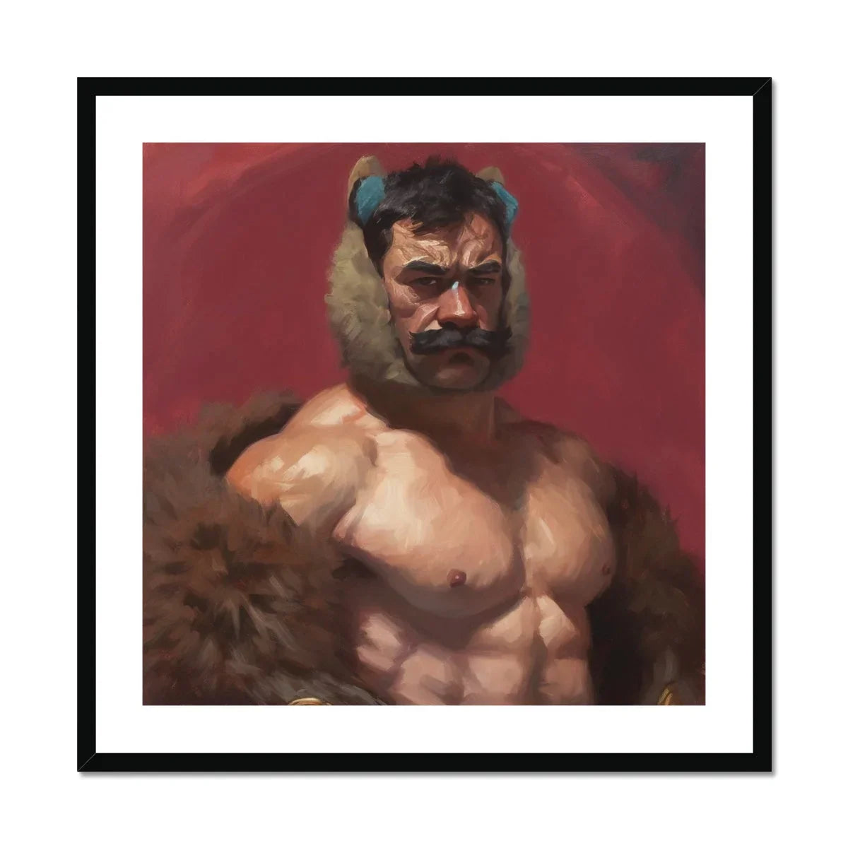 Zaddy Bear - Gay Muscle Daddy Art Print, Digital Painting Muscular Shirtless Figure Mustache Horns