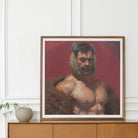 Zaddy Bear - Gay Muscle Daddy Art Print, Framed Portrait Painting Muscular Shirtless Man Beard Red