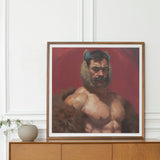 Zaddy Bear - Gay Muscle Daddy Art Print, Framed Portrait Painting Muscular Shirtless Man Beard Red
