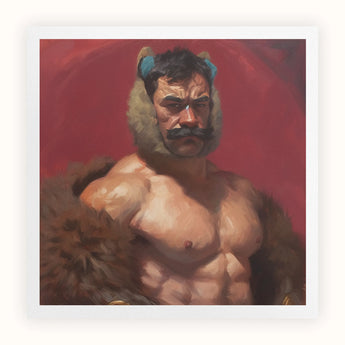 Zaddy Bear - Gay Muscle Daddy Art Print, Muscular Shirtless Man Mustache Fur-like Headgear Red Background