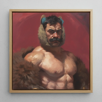 Zaddy Bear - Gay Muscle Daddy Framed Canvas, 12x12’’ / 31x31cm / Natural Floating Frame, Framed Oil Painting Muscular Man Mustache Animal